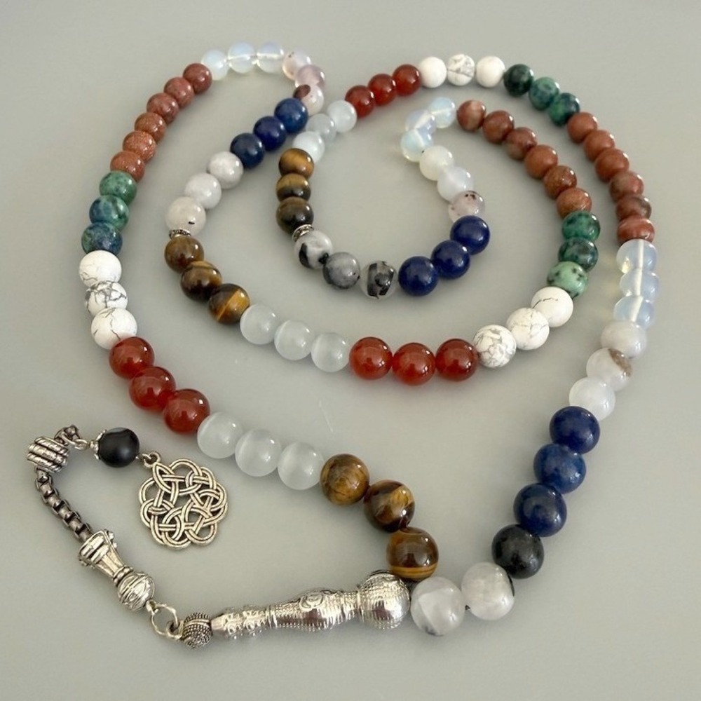 Mixed Stone Mala Meditation Beads 26" Silver Tone Charm Colorful Healing Crystal